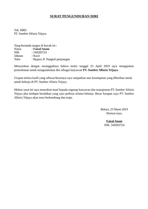 Contoh Surat Pengunduran Diri Dari Pt Sumber Alfaria Trijaya Tbk