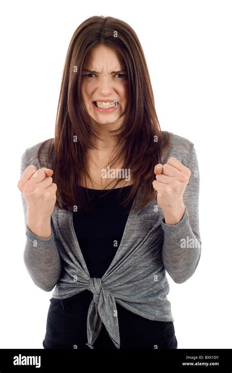 Angry Woman Clenching Her Fists Isolated On White Stock Photo Alamy
