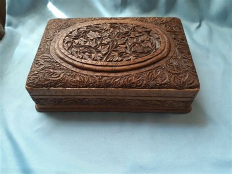 Kashmir Carved Walnut Wood Intricate Dresser Jewelry Trinket Box India