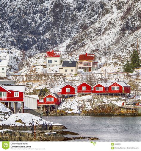 Hamnoy And Reine Villages Houses Of Lofoten Islands In Norway Stock