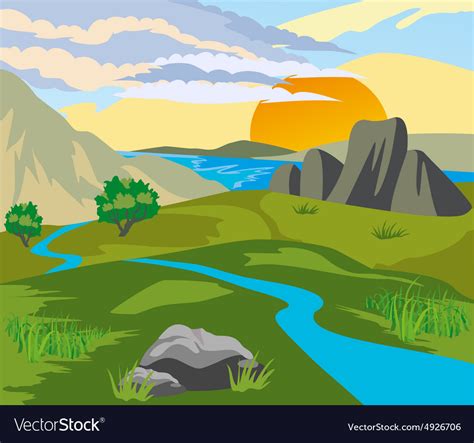 River Valley At Sunset Royalty Free Vector Image