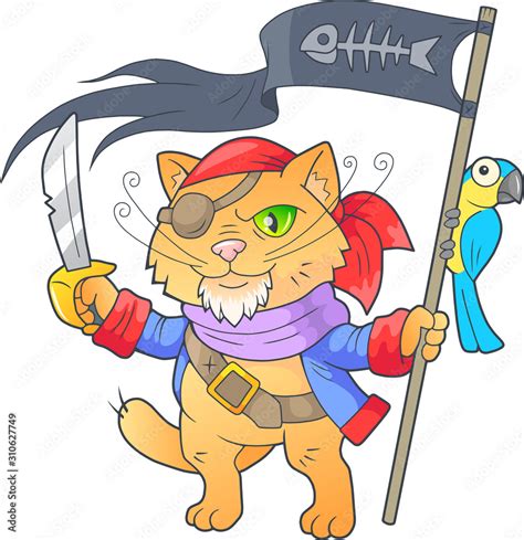 Cartoon Cute Cat Pirate Little Pet Funny Illustration Stock Vector