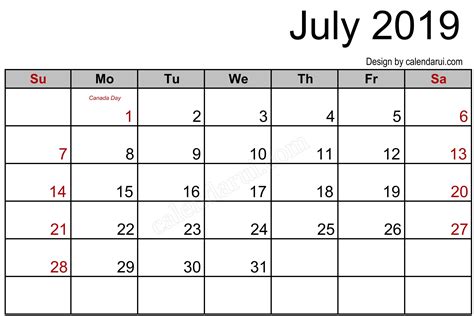 July 2019 2020 Calendar Of The Month Free Printable July 2019 2020