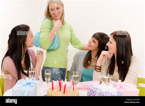 Birthday Party Group Of Woman Celebrate With Cake And Champagne Stock
