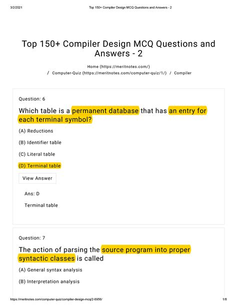 Top 150 Compiler Design Mcq Questions And Answers 2 Studocu
