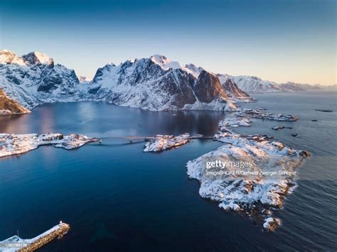 Aerial View Fjord Landscape At Sunrise Snowy Mountains In Winter