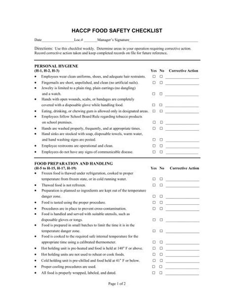 Haccp Food Safety Checklist Food And Nutrition