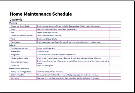 Home Maintenance Schedule Template For Excel Download File