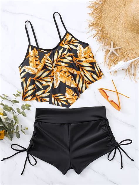 Random Tropical Print Tankini Set Hanky Hem Cami Top And Drawstring Boxer