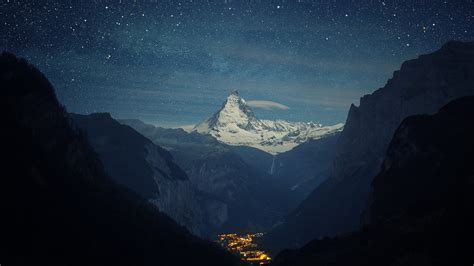 Night Mountain Switzerland Sky Stars Nature