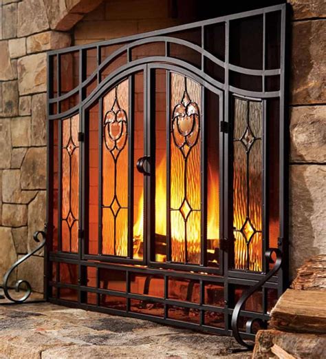 2 Door Large Floral Fireplace Fire Screen With Beveled Glass Panels