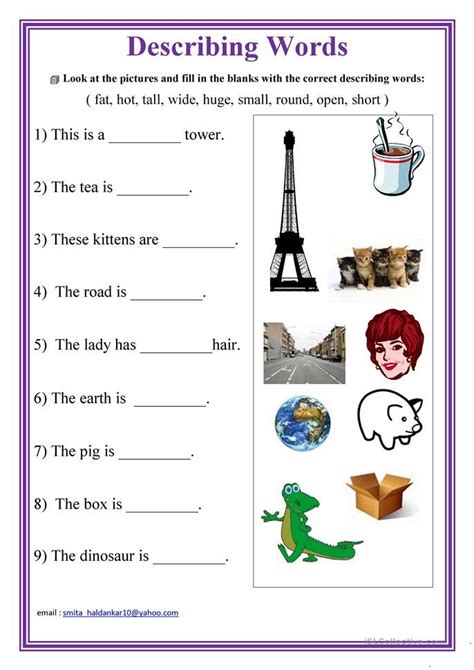 Describing Words Describing Words Kindergarten Worksheets English