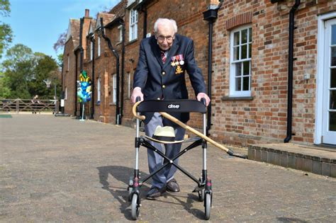 Captain tom moore, who raised millions for a british charity supporting the national health *service* by walking laps of his garden ahead of his 100th birthday Britain's hero of the hour 'Captain Tom' turns 100