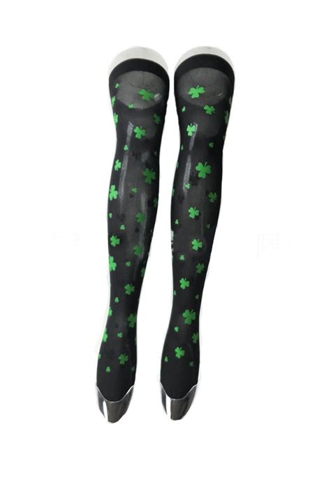 St Patricks Day Black Background Thigh High Stockings With Shamrocks Over Knee Socks With