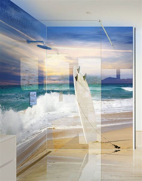 Surf Board In The Sand On A Beach Printed Acrylic Shower Panel Wet