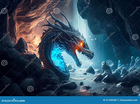 An Icy Dragon In A Damp Dark Cave Angry Lizard Breathing Fire Stock Image Image Of Strong