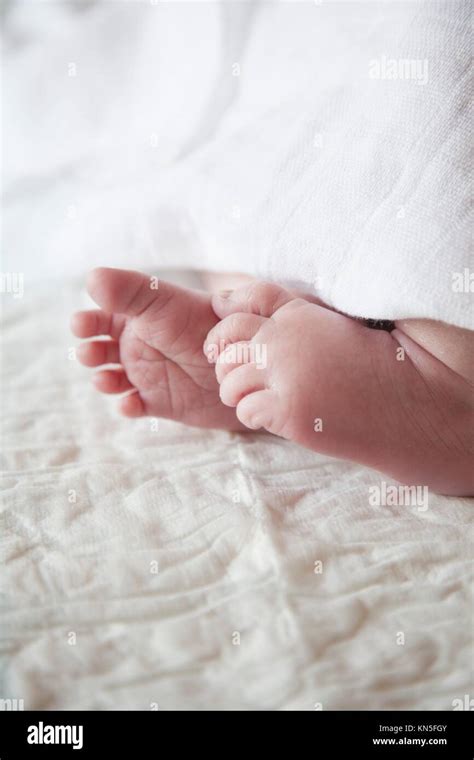 Closeup Fingers Foot Feet Of Twelve Days Age Baby Over White Bedcover