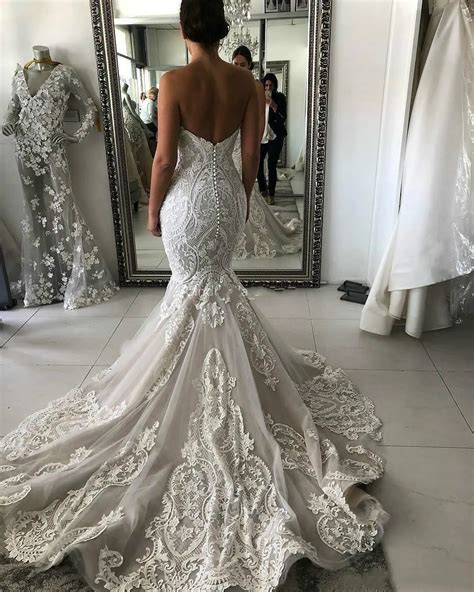 Sweetheart Full Lace Mermaid Wedding Dress 2020 Sexy Backless Wedding Gowns Gorgeous Buttons