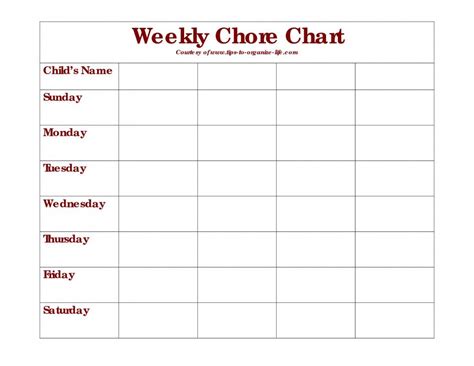 Weekly Chore Chart Template Daily Chore Charts Weekly Chore Charts