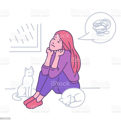Sad Lonely Girl Sitting On The Floor Alone Isolated On White Background