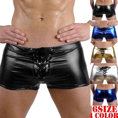 Men Shiny Metallic Boxer Briefs Underwear Sexy Lace Up Swimwear Trunks