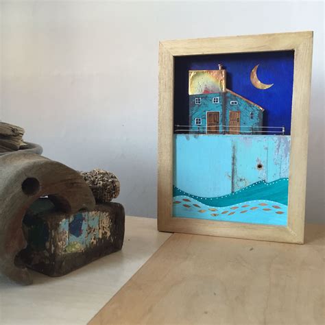 Mixed Media Coastal Shadow Box Driftwood Art Sculpture Paper Art