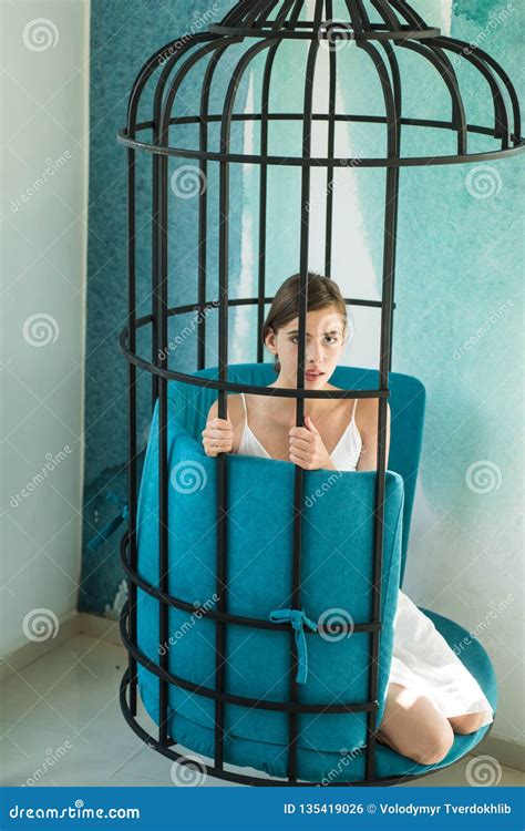 Psychology Pretty Woman In Iron Cage Fashion Slave In Captivity Of Beauty Stock Photo Image