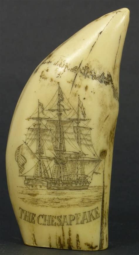 Antique Scrimshaw Whale Tooth Depicting The Uss Chesapeake And Captain