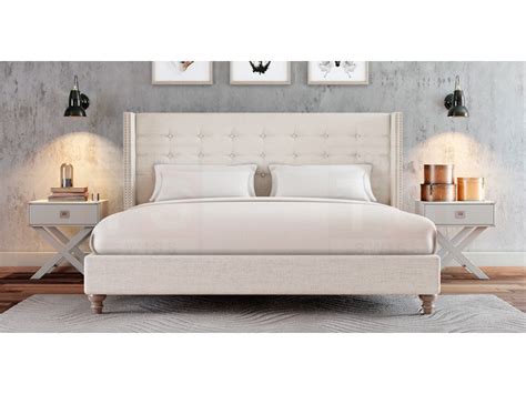 queen size fabric studded wing bed head ensemble base