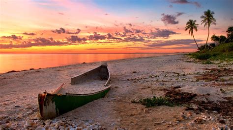 Wallpaper The Sunset Beach Scenery The Sea The Broken Boat The Red Clouds 1920x1080 Full Hd