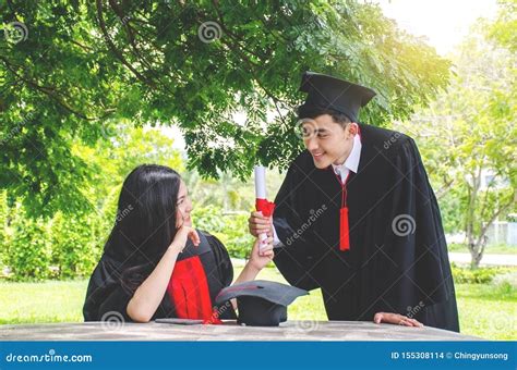 Couple Happy Smiling Graduates Woman Students Friends In Graduation