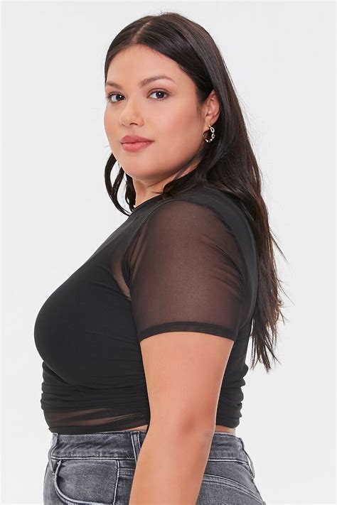 Plus Size Sheer Mesh Ruched Tee