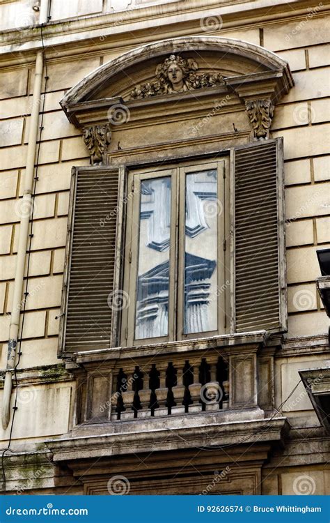 Ornate Window Detail On Classical Rome Building Italy Stock Photo