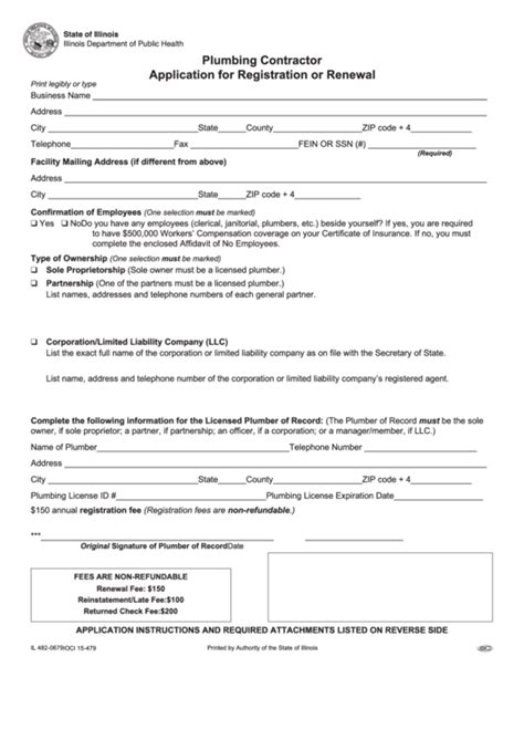 Fillable Plumbing Contractor Application For Registration Or Renewal