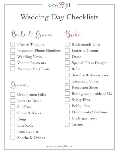 Wedding Day Checklists Kate Jill