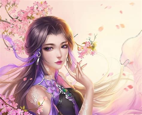Beauty Frumusete Luminos Asain Fantasy Girl Purple Flower Face