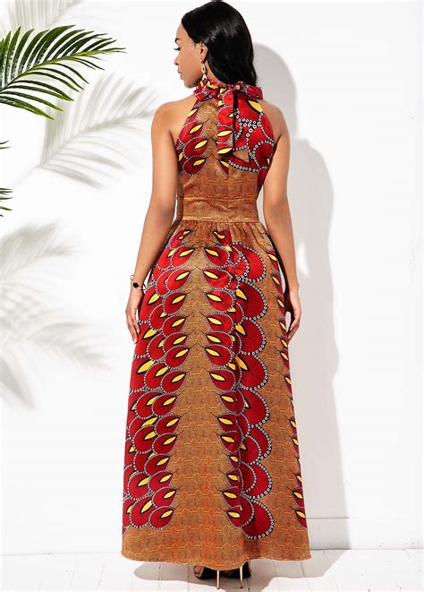 Bib Neck Bohemian Print Bowknot Back Maxi Dress Usd 4348