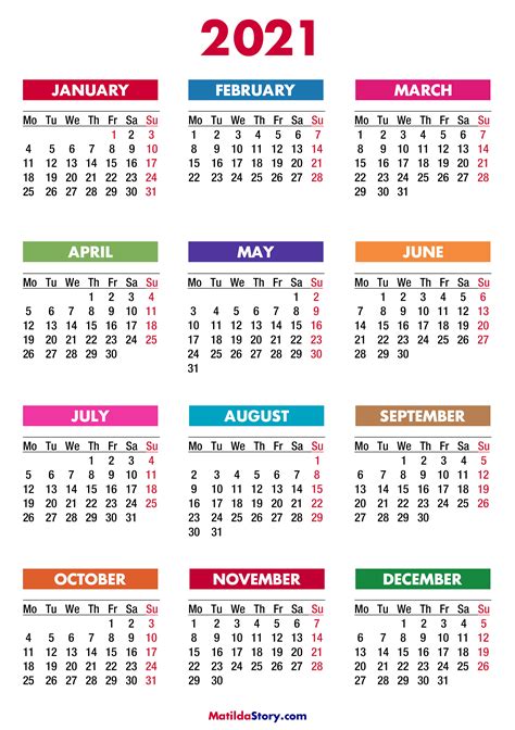 2021 Calendar Printable Free Colorful Monday Start
