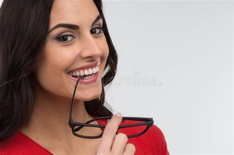 Pretty Beautiful Woman Biting Glasses Stock Photo Image Of Grimacing Caucasian