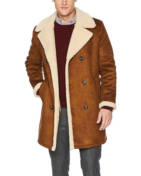 Guess Guess Mens Double Breast Faux Shearling Overcoat Large Cognac