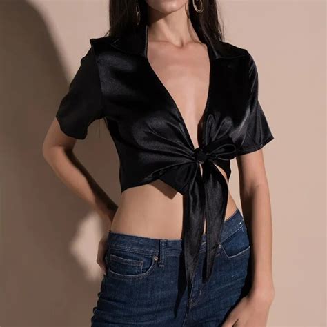 Hot Summer Casual Women Shirt Short Sleeve V Neck Pure Color Black Bow