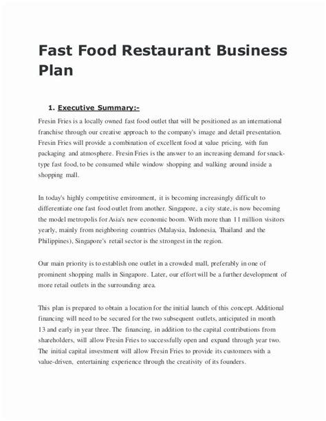 Restaurant Business Plan Template Pdf Lovely Fast Food Restaurant