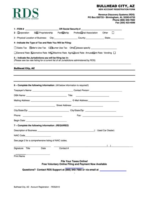New Account Registration Form Bullhead City Az 2010 Printable Pdf