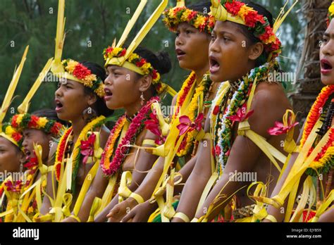 Yapese Girls In Traditional Clothing Singing And Dancing At Yap Day