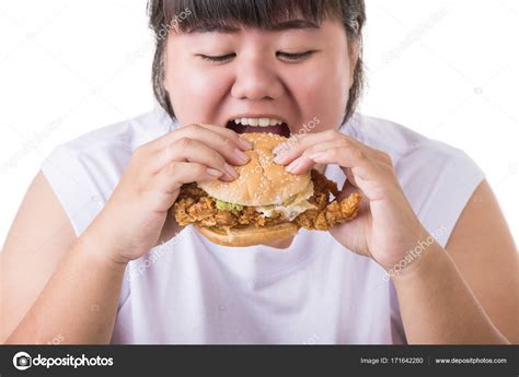 Pictures Fat Asian Fat Asian Woman Eating Fried Chicken Hamburger Isolated On White — Stock