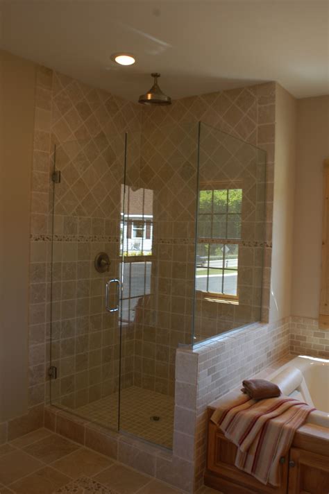 Glass Enclosed Tile Shower With A Rain Forest Shower Head Bath Makeover Bath Redo Bath Remodel