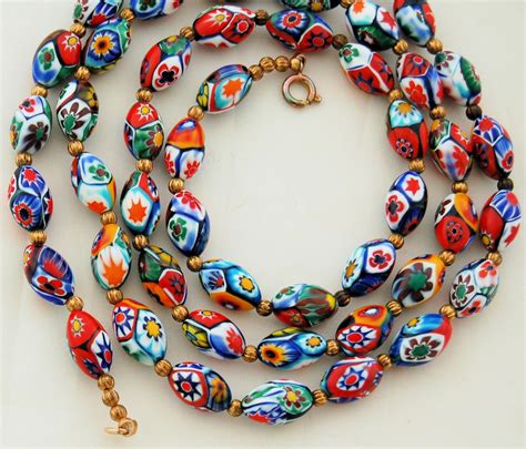 Vintage Millefiori Murano Bead Necklace 50 Venetian Glass Oval Beads 31 Inches Beaded Necklace
