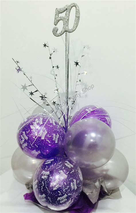 50th Birthday Balloon Table Centerpiece In Purple And Silver 50th