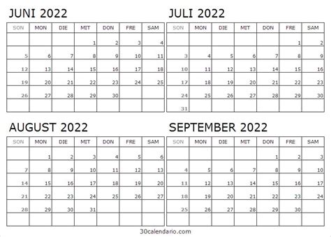 Juni Juli August September 2022 Kalender Drucken Free Calendar 2022