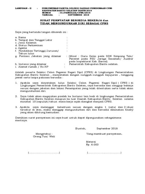 Surat pernyataan yang bertanda tangan di bawah ini : Contoh Surat Pernyataan Tidak Mengundurkan Diri CPNS 2018